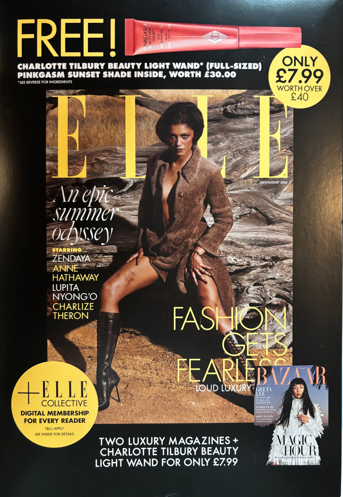 ELLE Magazine UK Summer 2026 – Zendaya + Charlotte Tilbury Beauty Light Wand Pinkgasm