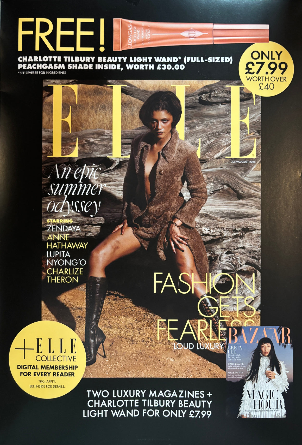 ELLE Magazine UK Summer 2026 – Zendaya + Charlotte Tilbury Beauty Light Wand Peachgasm