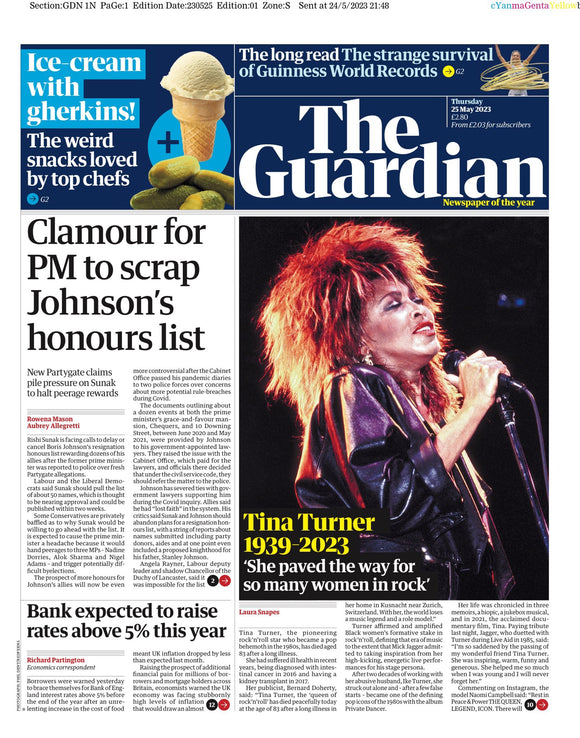 The Guardian UK Newspaper Death Of Tina Turner Simply The Best 25/5/23