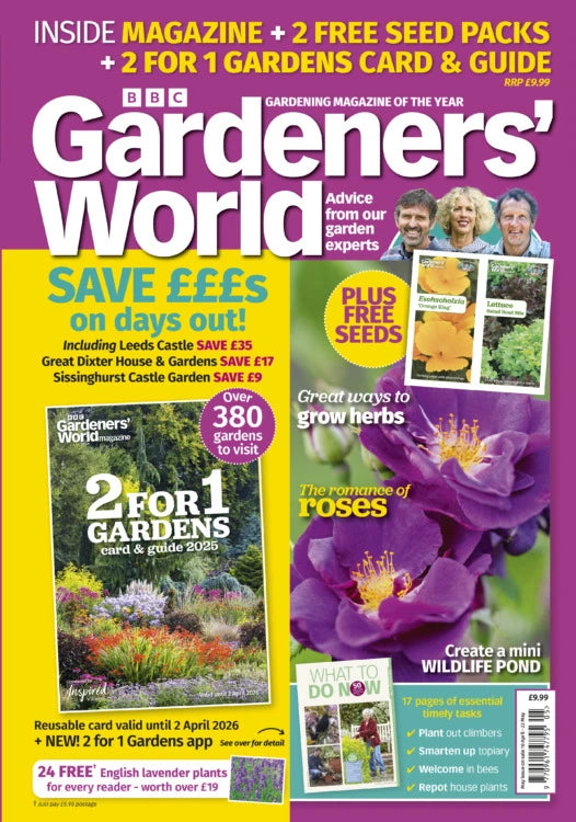 BBC Gardeners World Magazine May 2025 with 2-for-1 Gardens card & guide plus 2 packs of seeds