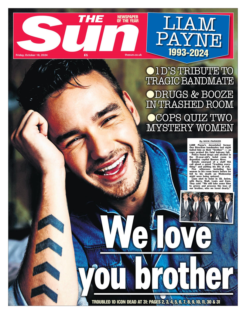 LIAM PAYNE One Direction Death The Sun UK NEWSPAPER 18 Oct 2024 Liam payne one direction death the sun uk newspaper 18 oct 2024