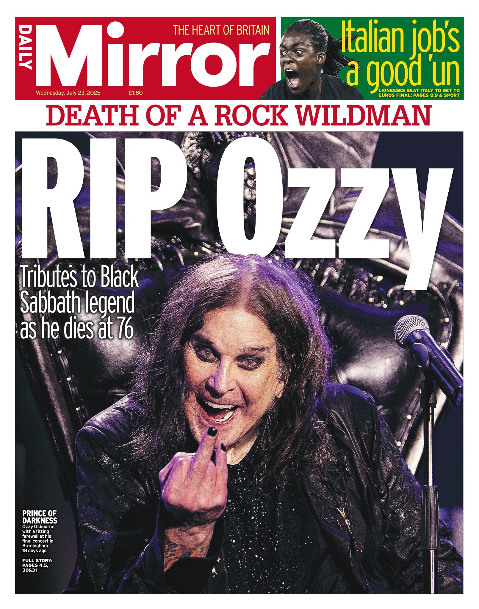 DAILY MIRROR 23-July-2025 Ozzy Osbourne Black Sabbath Dies