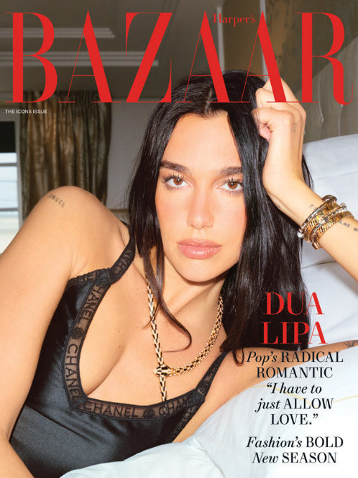 Harper's Bazaar magazine cover featuring Dua Lipa with text about fashion and love.