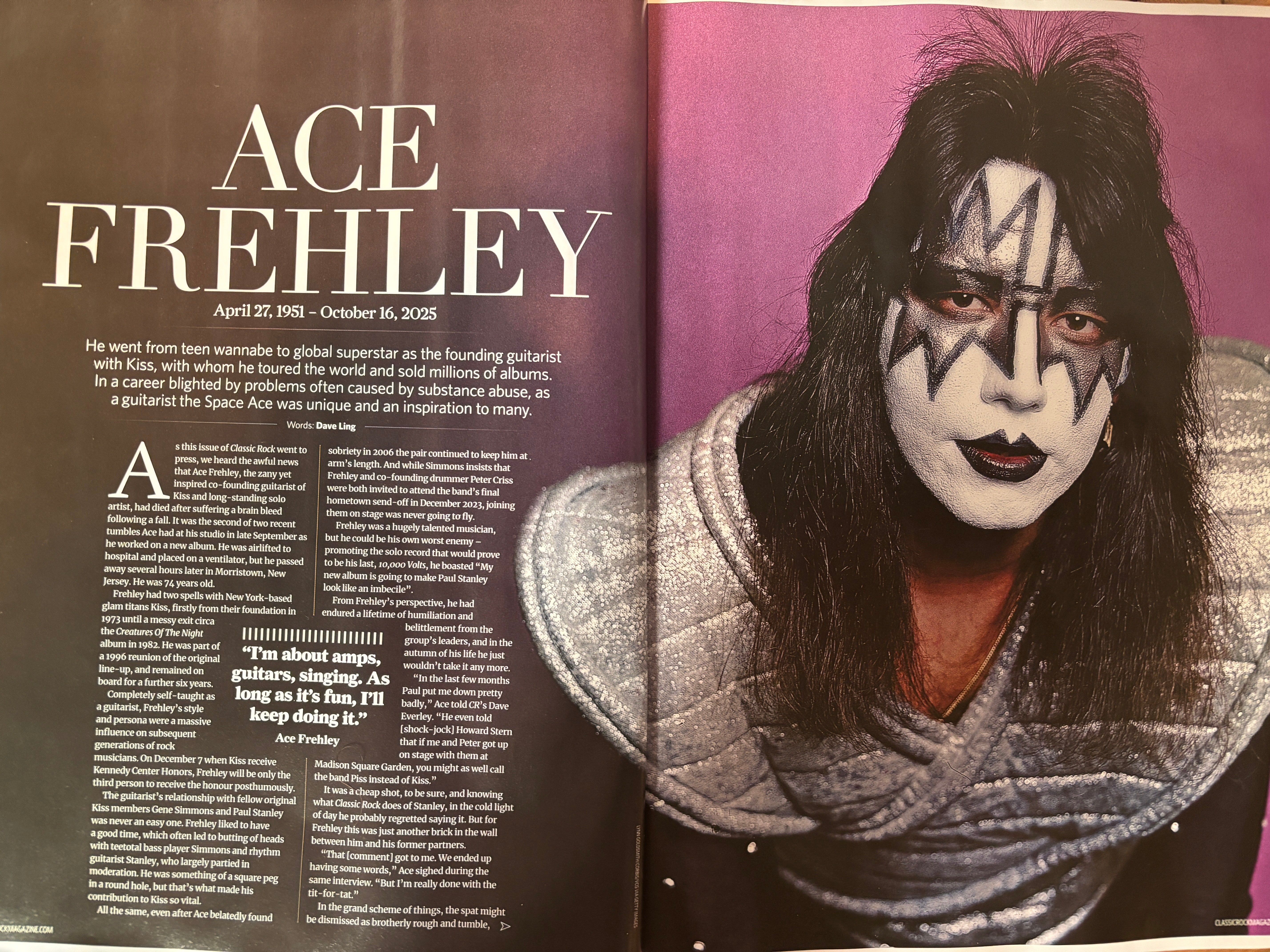 Magazine tribute highlighting Ace Frehley’s legacy with KISS.