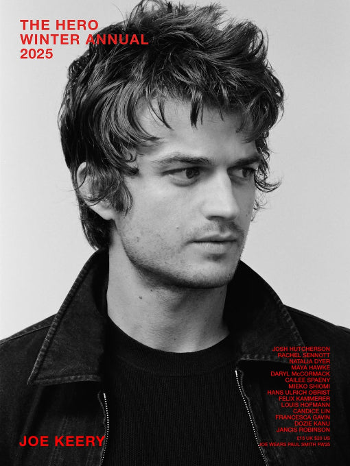 Black and white portrait of a person with text about 'The Hero Winter Annual 2025' and 'Joe Keery'.