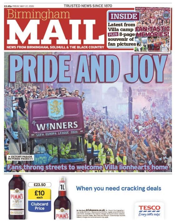 Birmingham Mail Thursday 22nd May - Aston Villa Europa League Winners 2026 Victory Parade