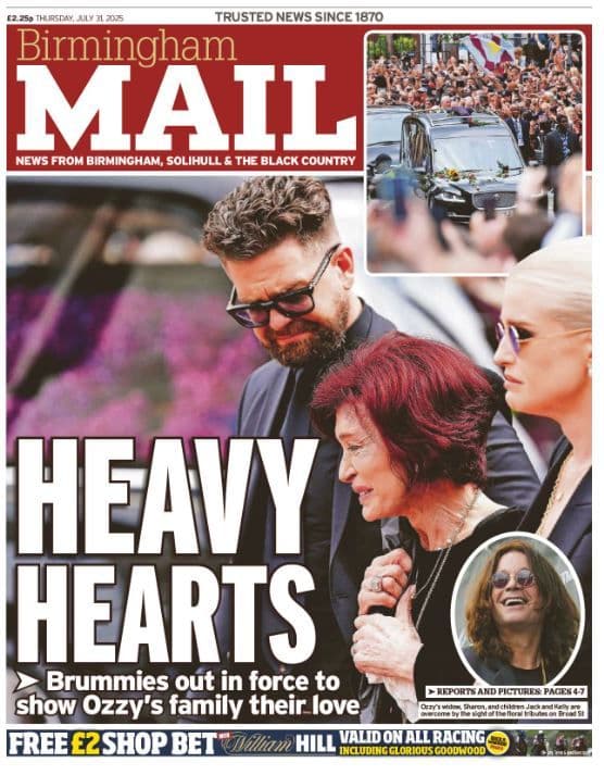 Birmingham Mail 31 July 2025 Newspaper Ozzy Osbourne Black Sabbath Funeral