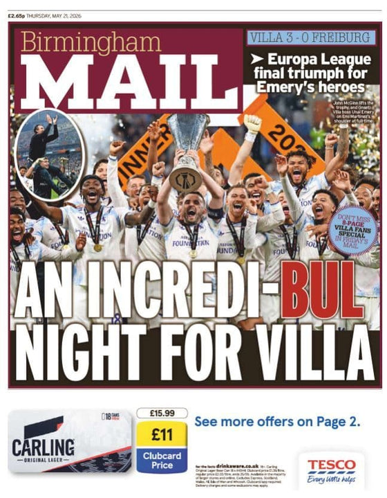 Birmingham Mail Thursday 21st May - Aston Villa Europa League Winners 2026