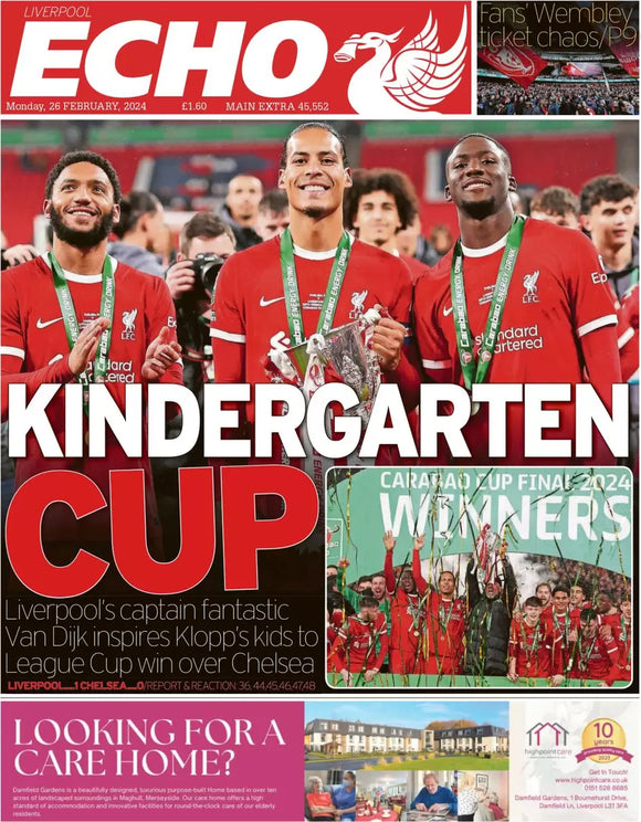 LIVERPOOL ECHO 26th August 2024 CARABOA CUP CHAMPIONS 2024 Vs Chelsea