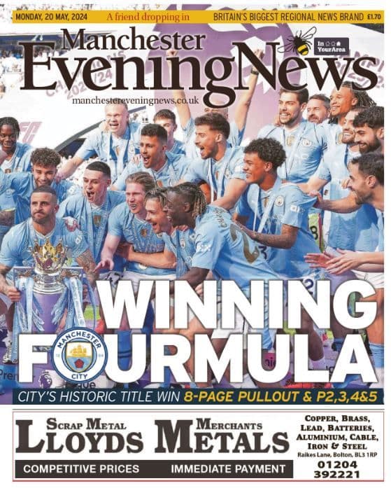Manchester City CHAMPIONS of England 2024 - MEN Newspaper 20th May 2024