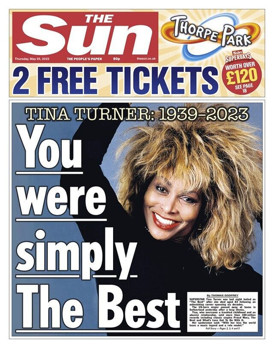 The Sun UK Newspaper Death Of Tina Turner Simply The Best 25/5/23