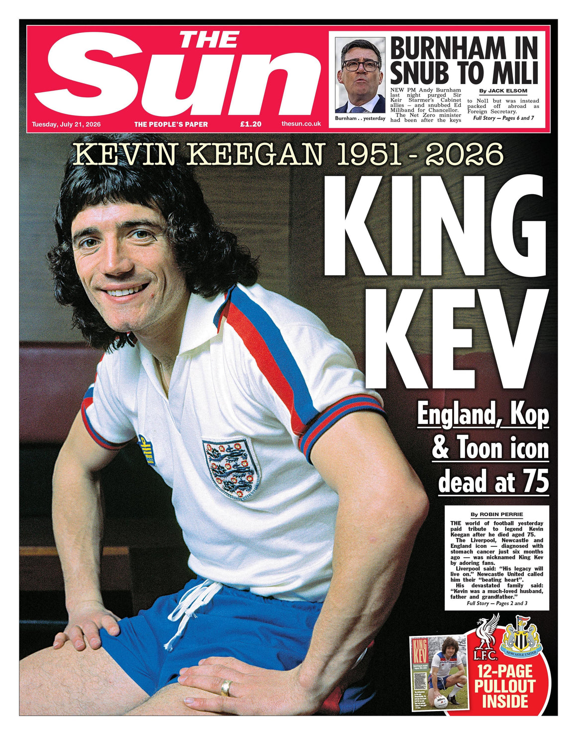 The Sun July 21, 2026 Kevin Keegan Tribute + 12-Page Pullout
