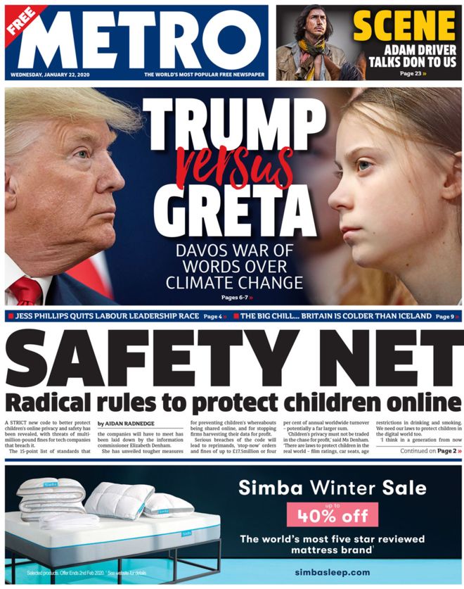 Metro 22nd January 2020: Donald Trump vs Greta Thunberg + Adam Driver interview
