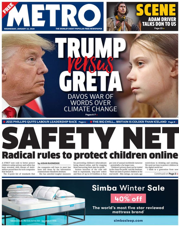Metro 22nd January 2020: Donald Trump vs Greta Thunberg + Adam Driver interview