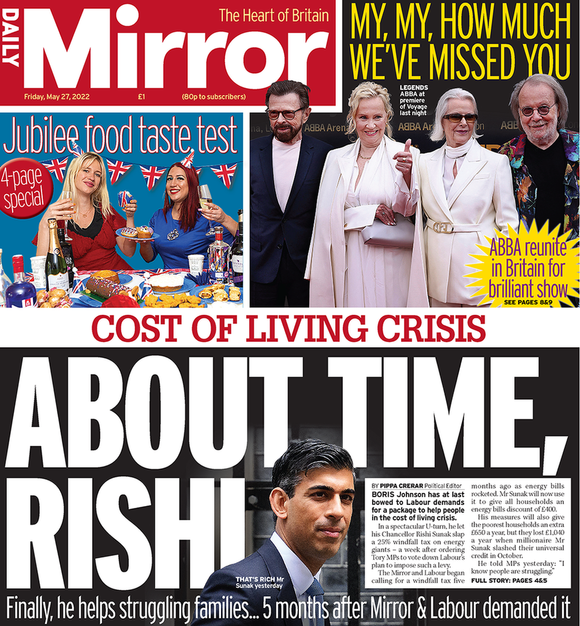 DAILY MIRROR - UK NEWSPAPER - 27th May ABBA Voyage Premiere