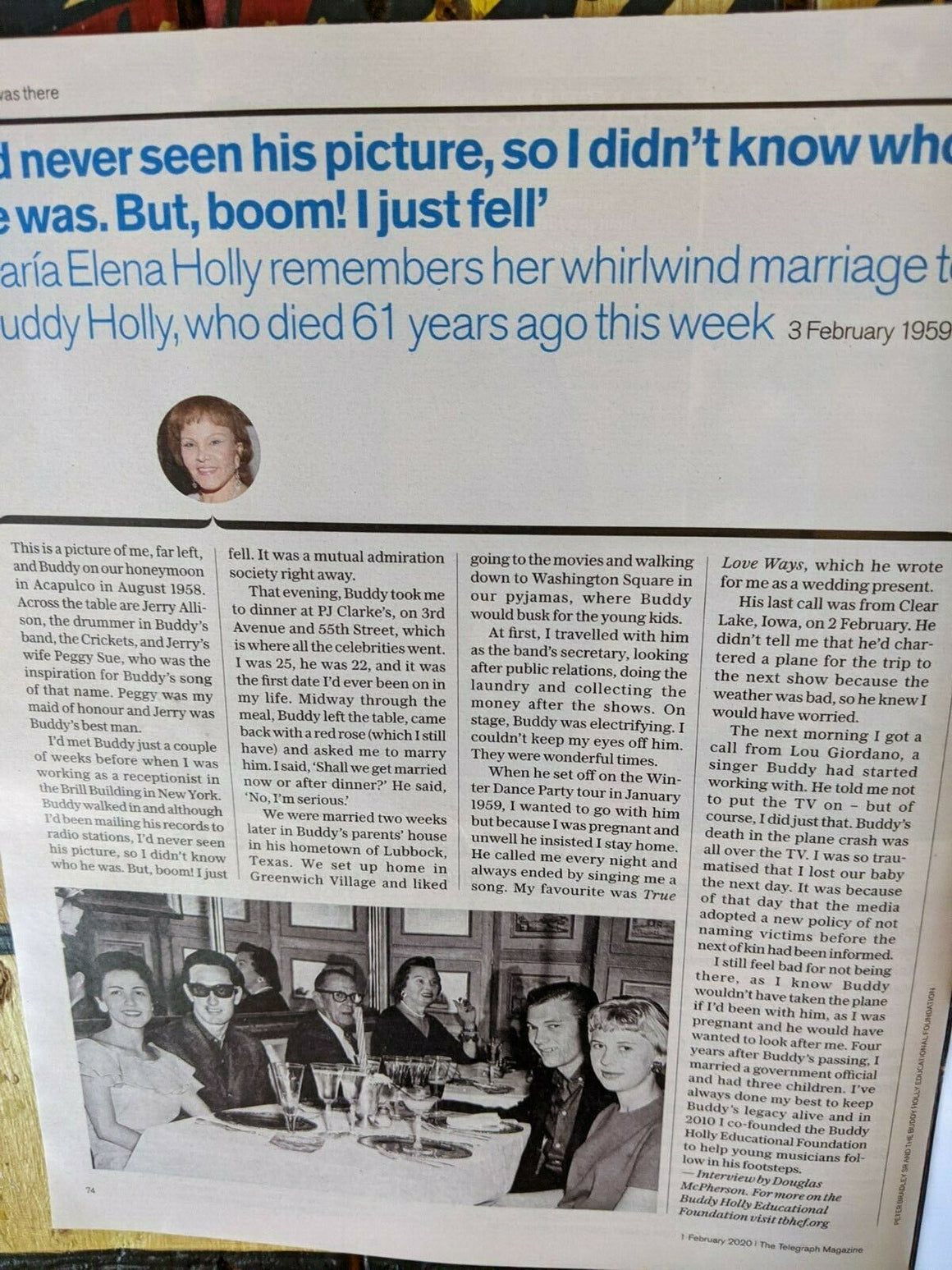 UK TELEGRAPH MAGAZINE February 1st 2020: Maria Elena Holly interview Buddy Holly