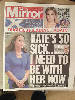 Daily Mirror Newspaper 22 July 2014 Kate Middleton 2nd Pregnancy Photo Cover