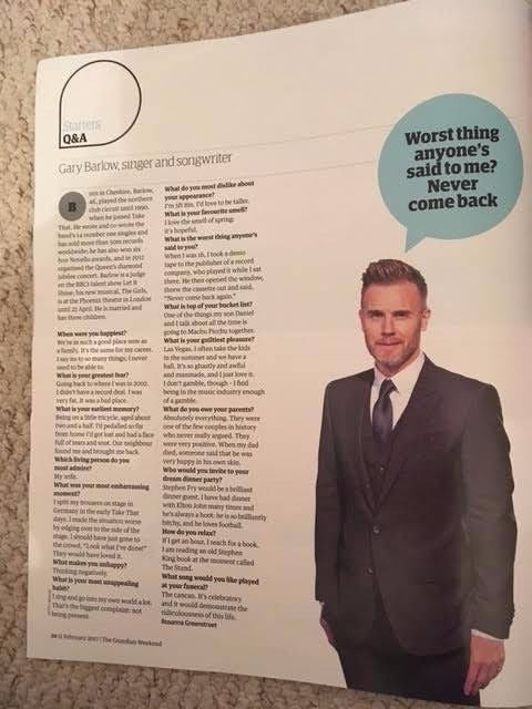 Guardian Weekend Magazine February 2017 Gary Barlow interview
