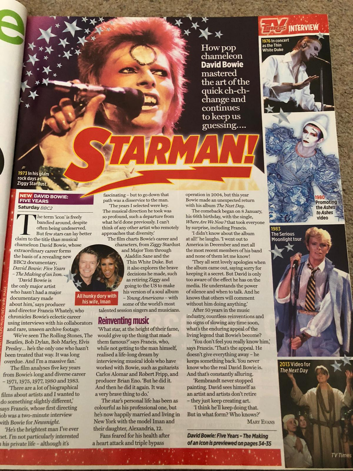 UK TV Times Magazine 25 May 2013: David Bowie Five Years