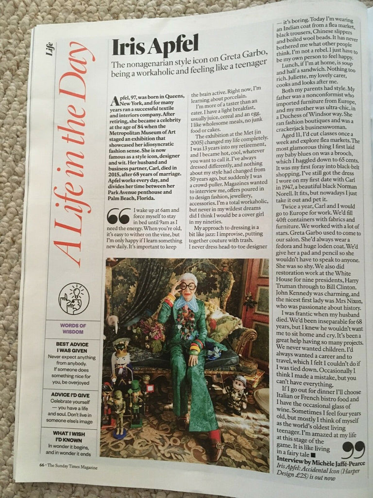 UK Sunday Times Magazine JAN 2019: SHARON HORGAN Jean-Michel Jarre IRIS APFEL