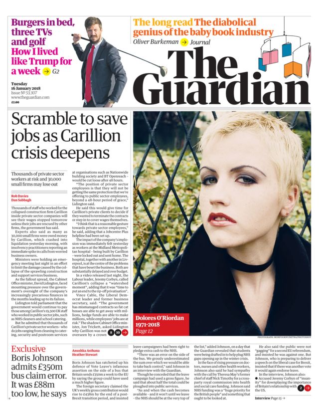 UK Guardian Newspaper 16th January 2018 Dolores O'Riordan The Cranberries RIP Cover Story