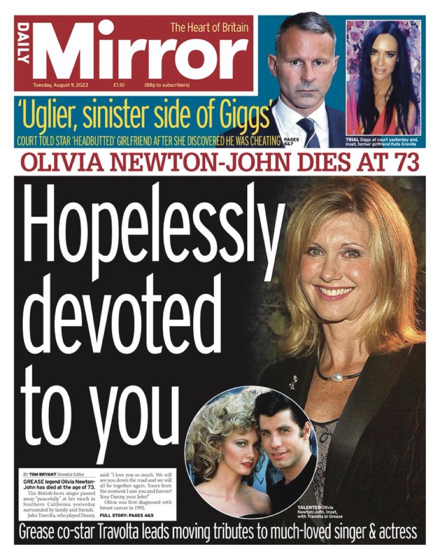 THE DAILY MIRROR Newspaper 9th August 2022: Olivia Newton John Tribute