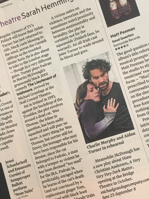 Aidan Turner in Rehearsal for Lieutenant of Irishmore UK FT Supplement June 2018