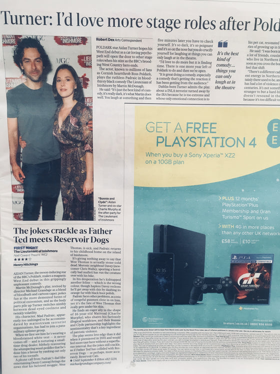 London Evening Standard 5 July 2018 Aidan Turner The Lieutenant of Inishmore