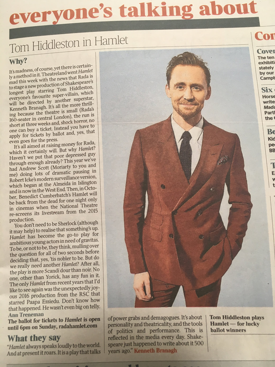 UK Times Review August 5 2017 Tom Hiddleston in Hamlet