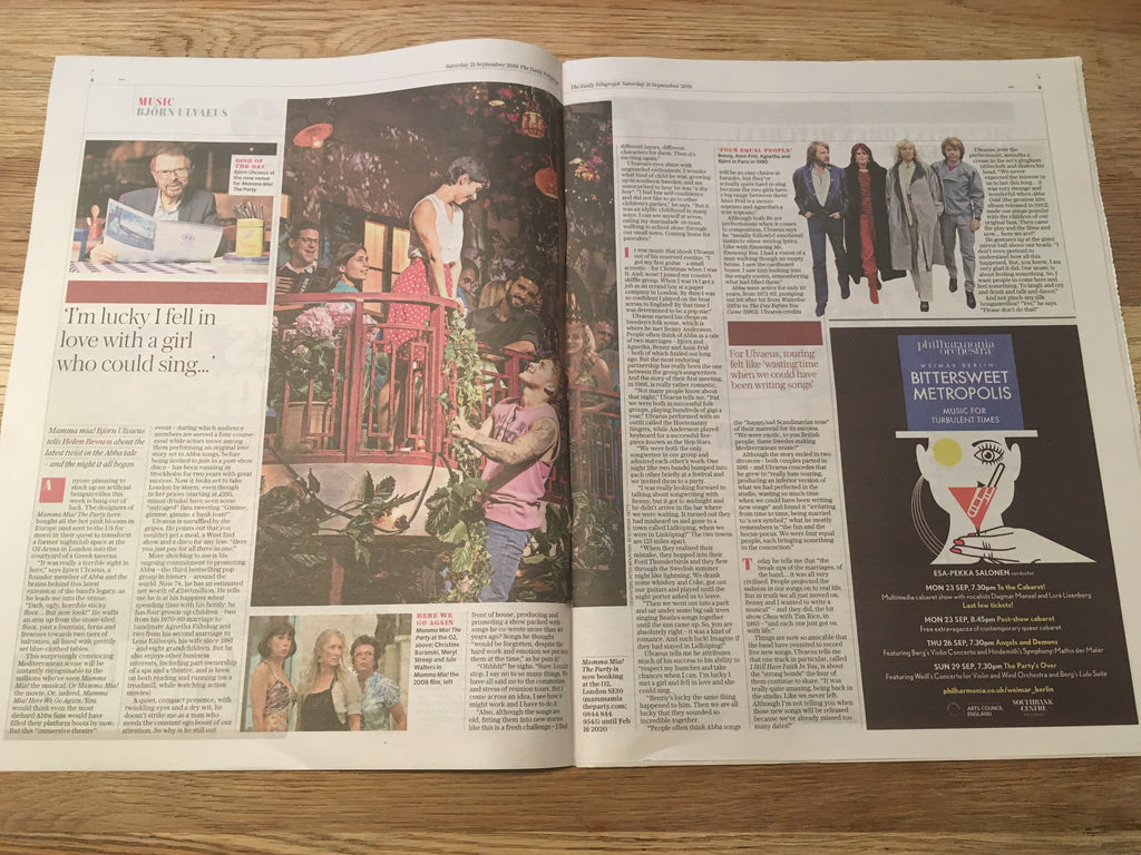 UK Telegraph Review 21 Sept 2019: Bjorn Ulvaeus (Abba) Interview