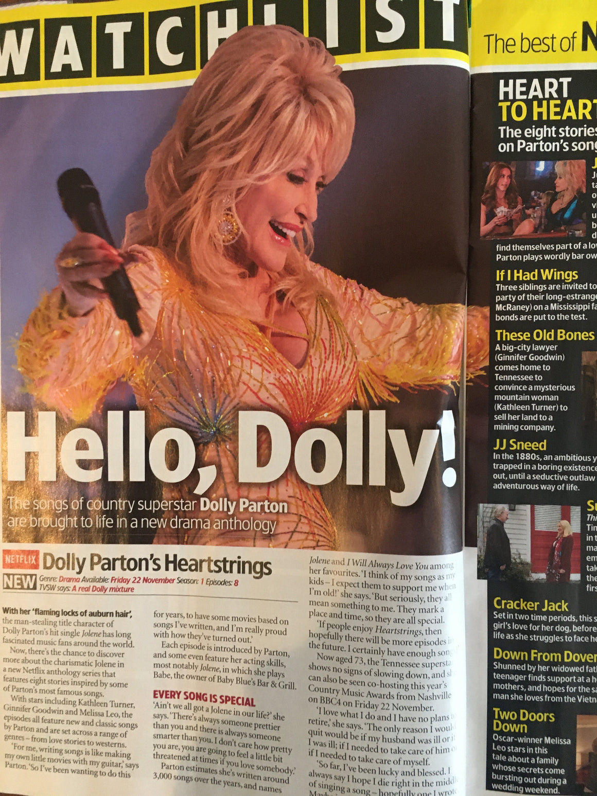 TV & Satellite Magazine Nov 16th 2019: Dolly Parton Rafe Spall Eleanor Tomlinson