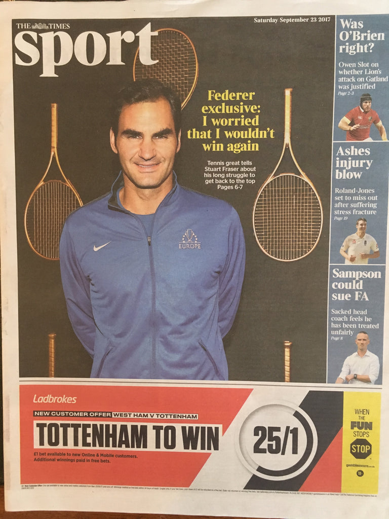 UK Times Sport 23rd September 2017 - Roger Federer UK Cover Exclusive Interview