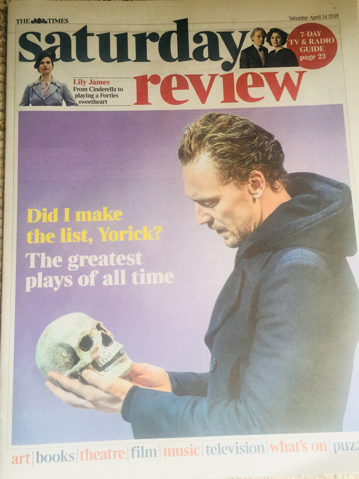 UK Times Review April 2018: TOM HIDDLESTON COVER STORY // LILY JAMES INTERVIEW