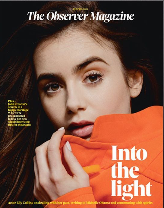 UK OBSERVER MAGAZINE - 28 April 2019 Lily Collins cover & interview - Ronnie Wood
