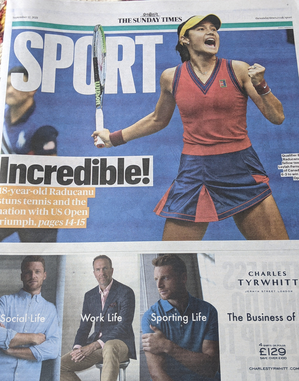 SUNDAY TIMES SPORT - 12/09/2021 EMMA RADUCANU US OPEN CHAMPION 2021