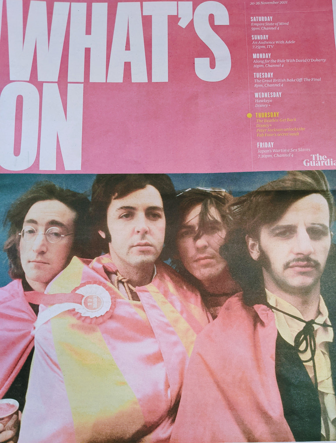 THE GUARDIAN WHAT'S ON TV 20/11/2021 THE BEATLES GET OUT COVER FEATURE