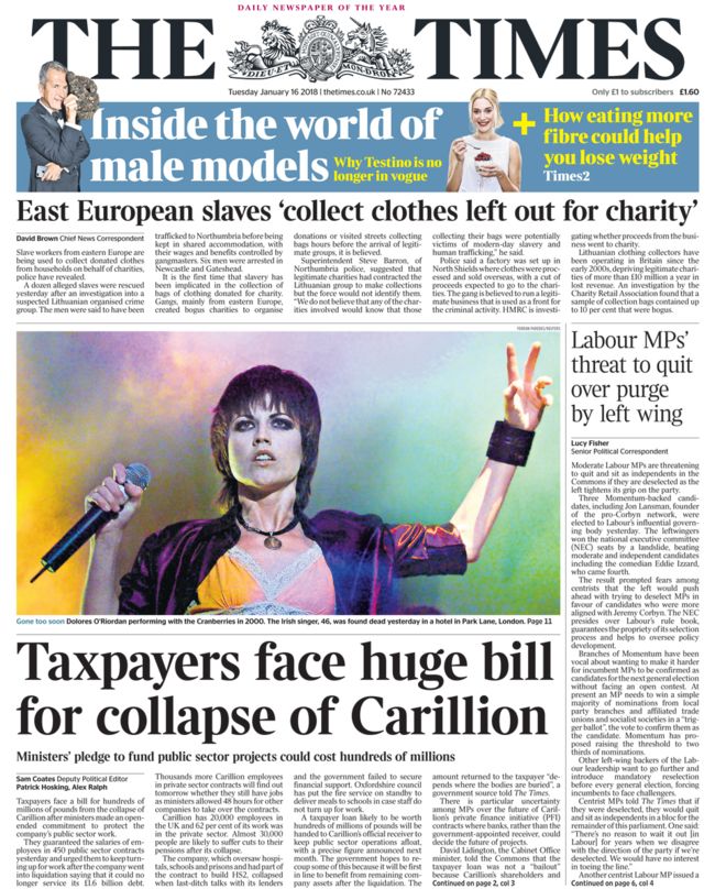 UK Times Newspaper 16th January 2018 Dolores O'Riordan The Cranberries RIP Cover Story