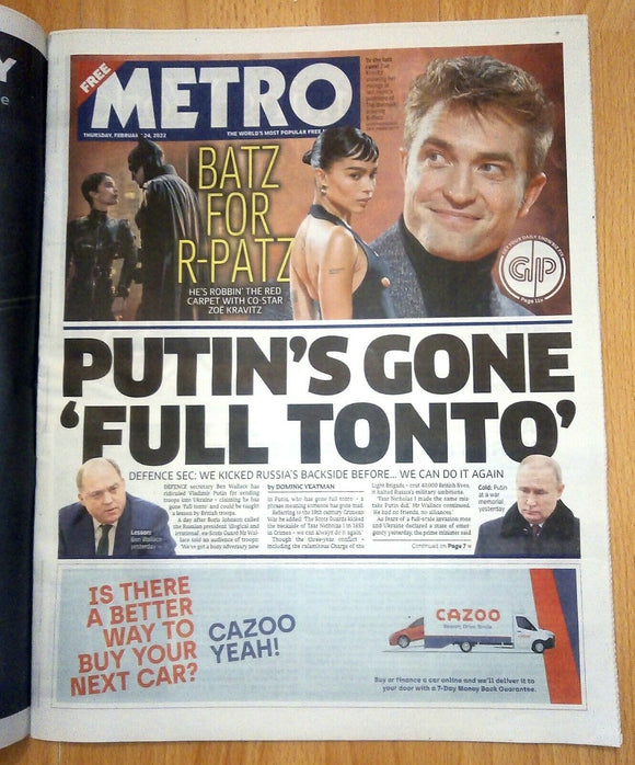 Metro Newspaper 24th February 2022 Robert Pattinson Zoe Kravitz Batman Premiere