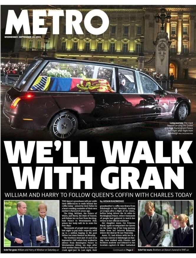 THE METRO UK NEWSPAPER QUEEN ELIZABETH II DEATH 1926-2022 - SEPTEMBER 14th 2022