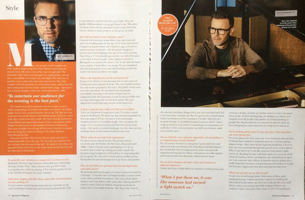 GARY BARLOW Take That UK Specsavers Magazine Spring/Summer 2019