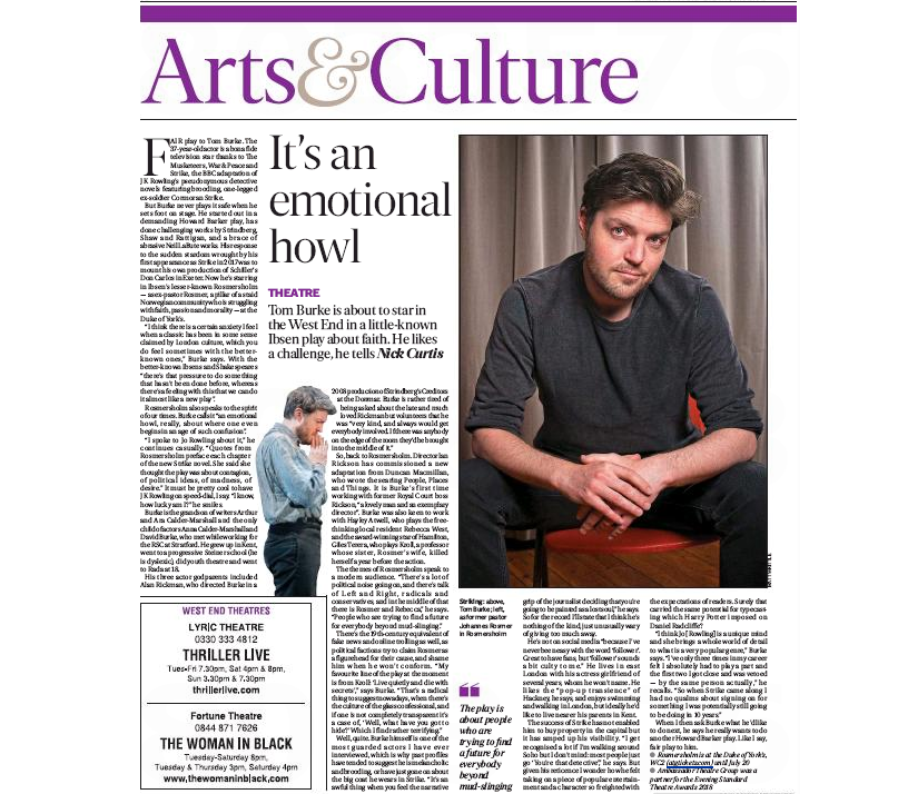 London Evening Standard Newspaper 1st May 2019 Tom Burke Interview